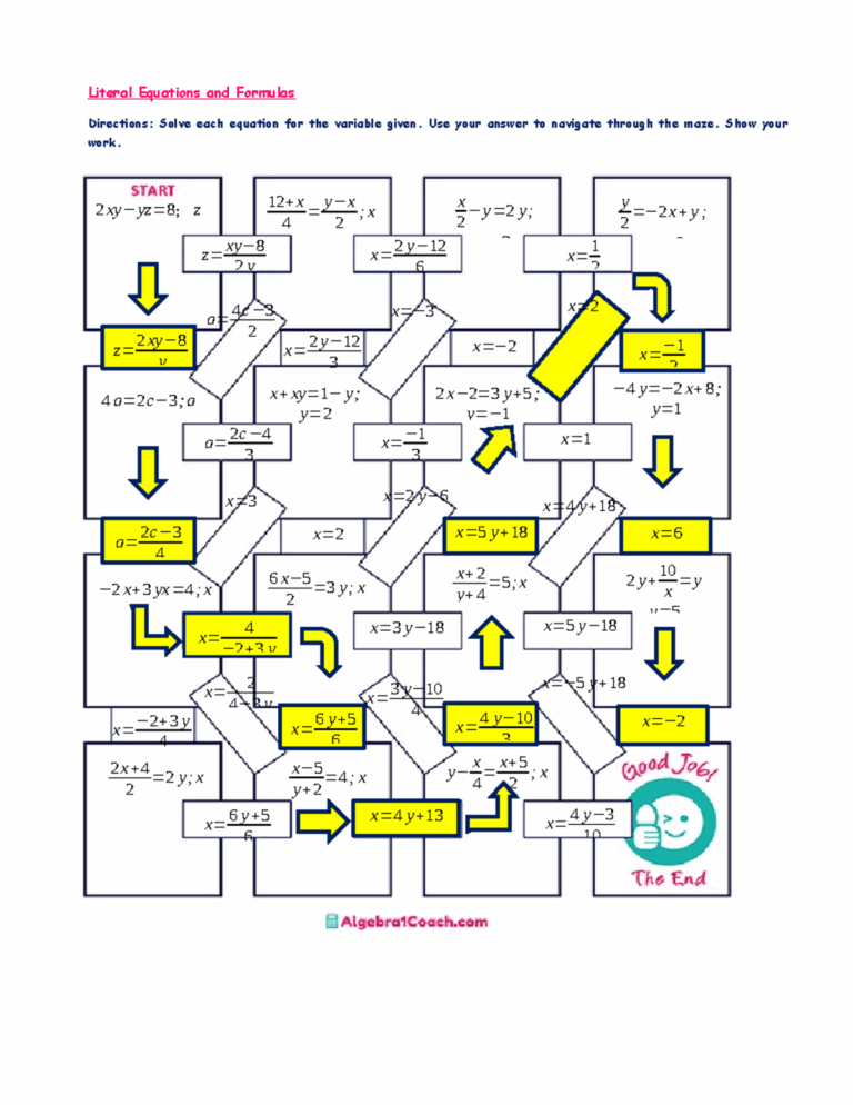2 5 Literal Equations and Formulas Answers Maze Activity 5 Literal Equations And Formulas Studocu