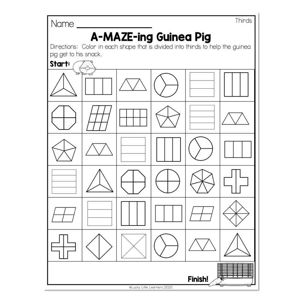 2nd Grade Math Worksheets Geometry Thirds A MAZE ing Guinea Pig Lucky Little Learners