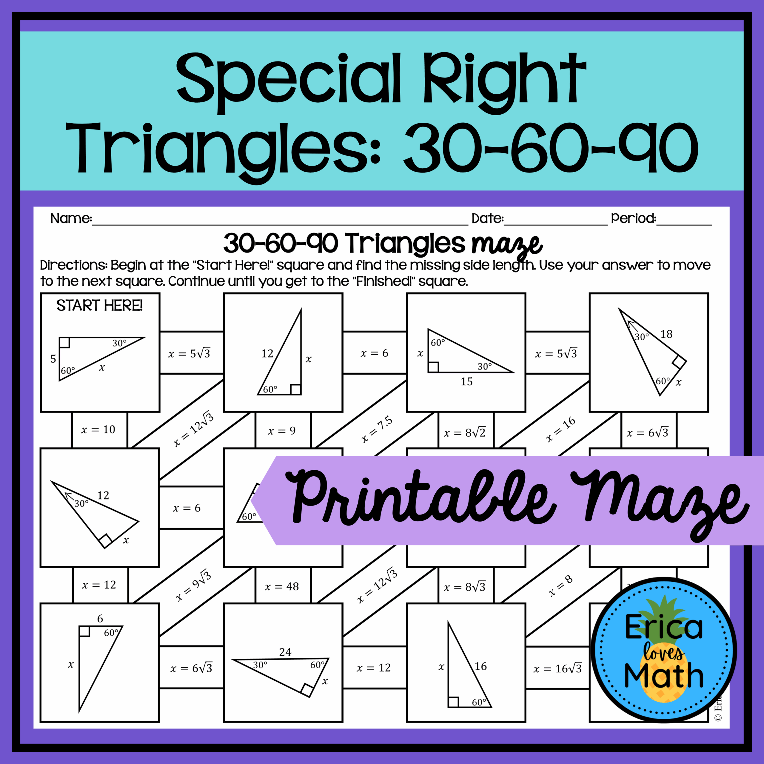 30 60 90 Special Right Triangles Activity Maze Made By Teachers