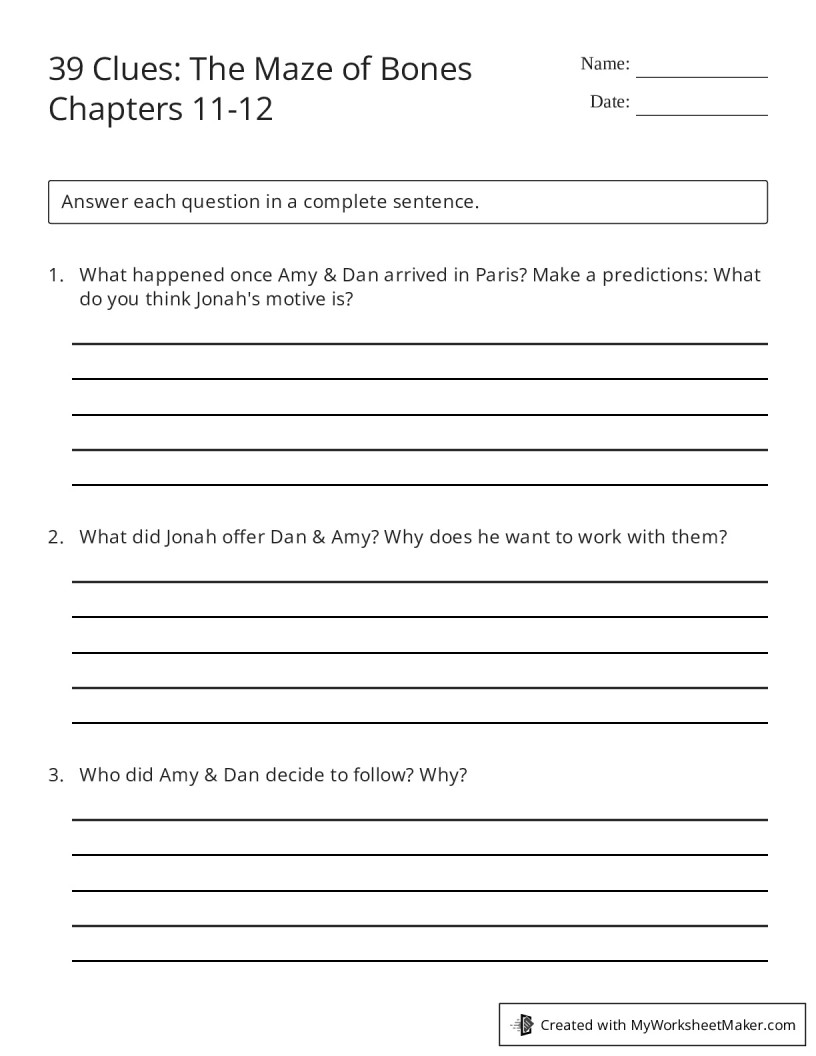 39 Clues The Maze Of Bones Chapters 11 12 My Worksheet Maker Create Your Own Worksheets