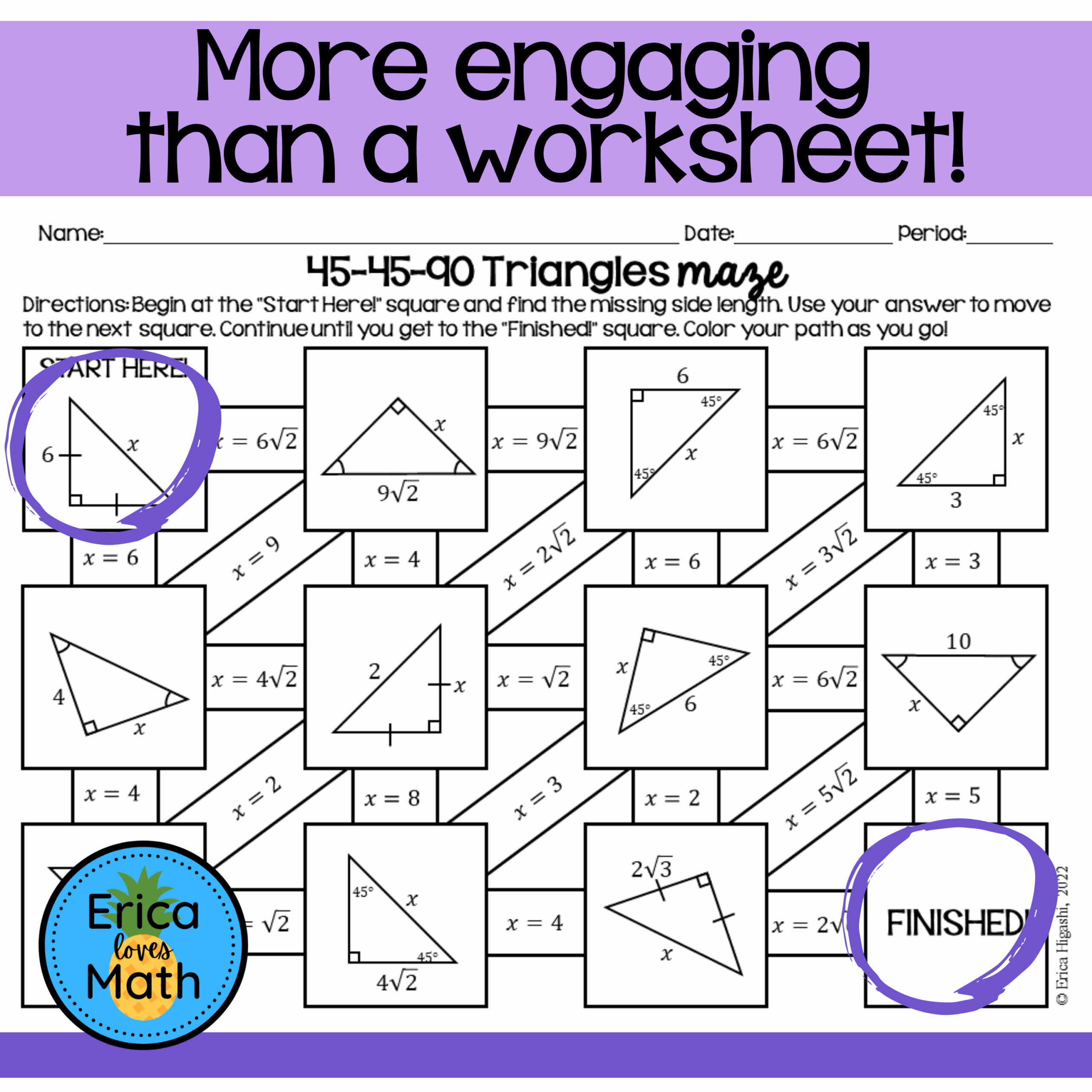 45 45 90 Special Right Triangles Maze Worksheet Activity Classful