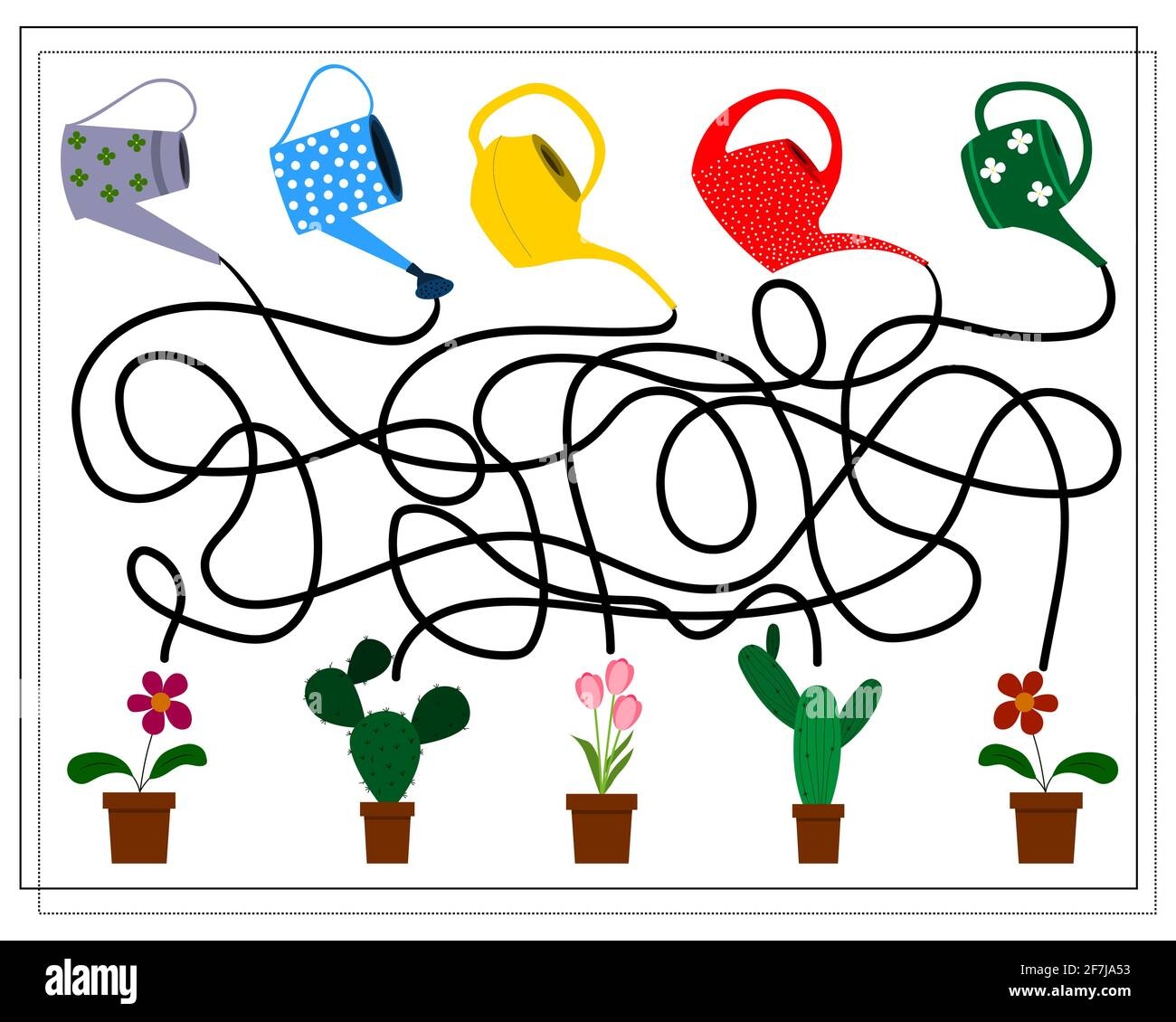 A Puzzle Game For Kids Go Through The Maze Which Watering Can That Pours Gardening Tools Potted Flowers Vector Stock Vector Image U0026 Art Alamy