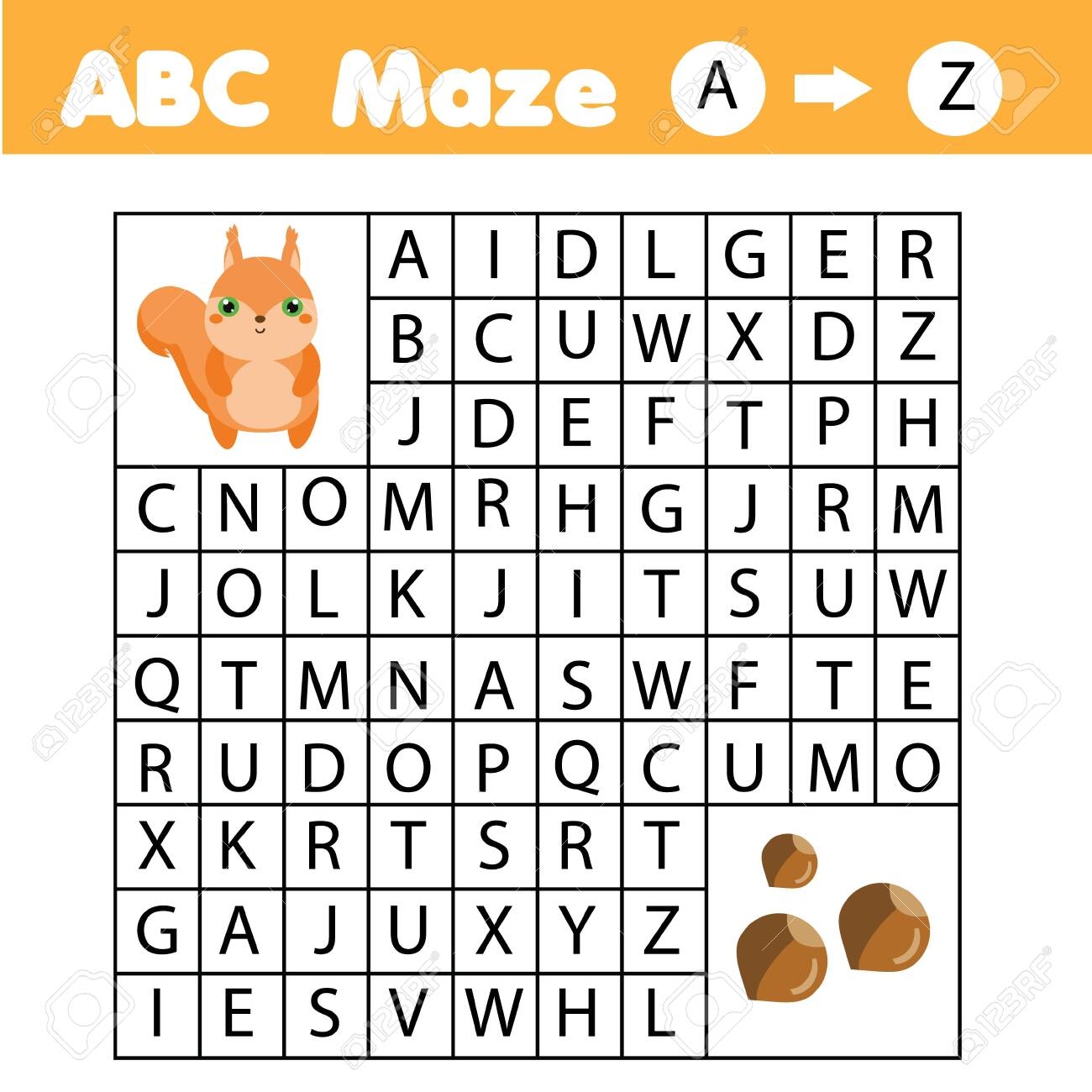 A To Z Maze Game For Children Help Squirrel Go Through Labyrinth Fun Page For Toddlers And Kids Learn English Alphabet Royalty Free SVG Cliparts Vectors And Stock Illustration Image 122279332 