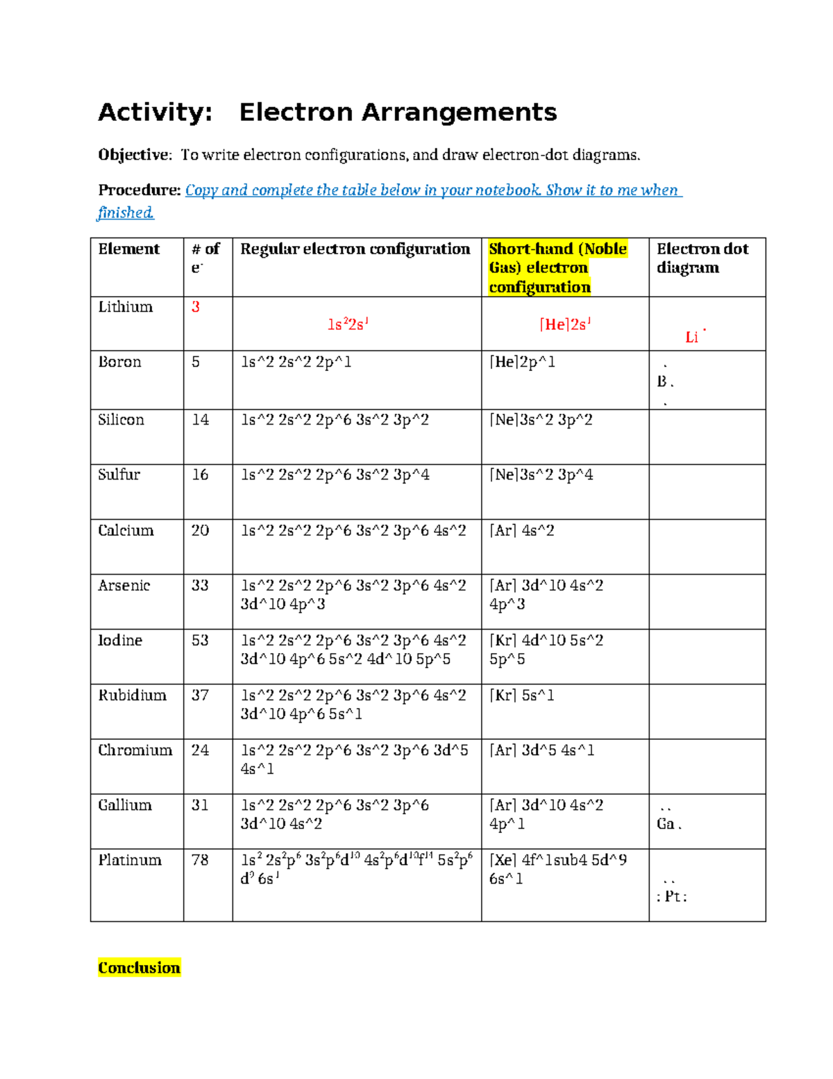 Activity Electron Arrangement Activity Electron Arrangements 