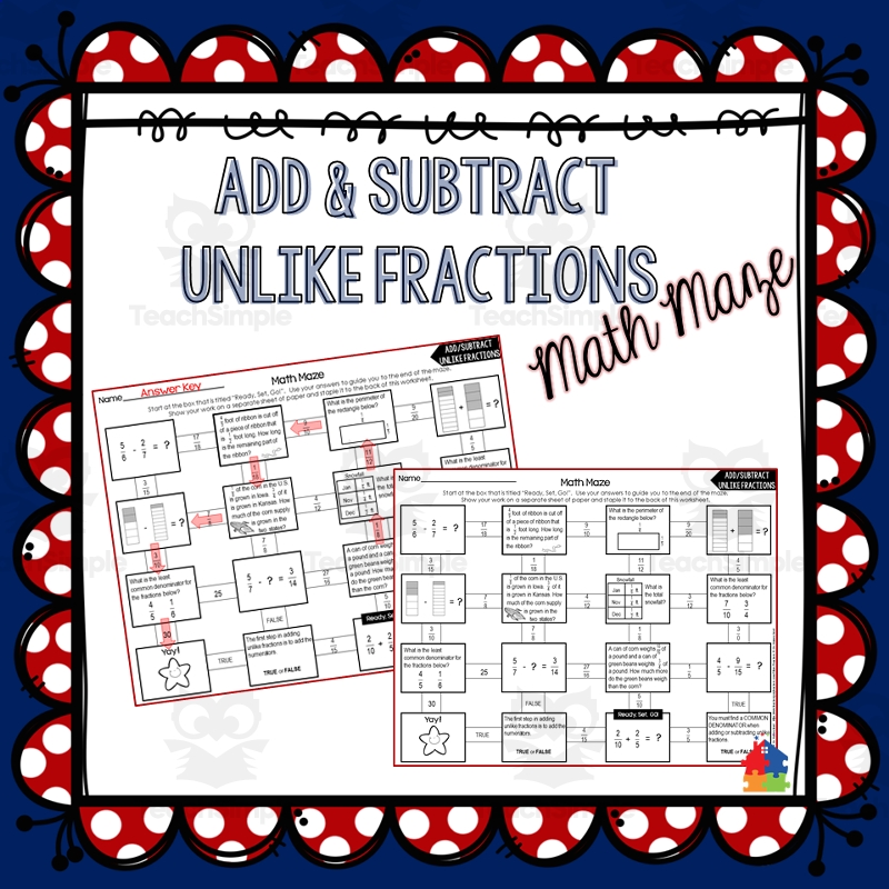 Add U0026 Subtract Unlike Fractions Math Maze By Teach Simple