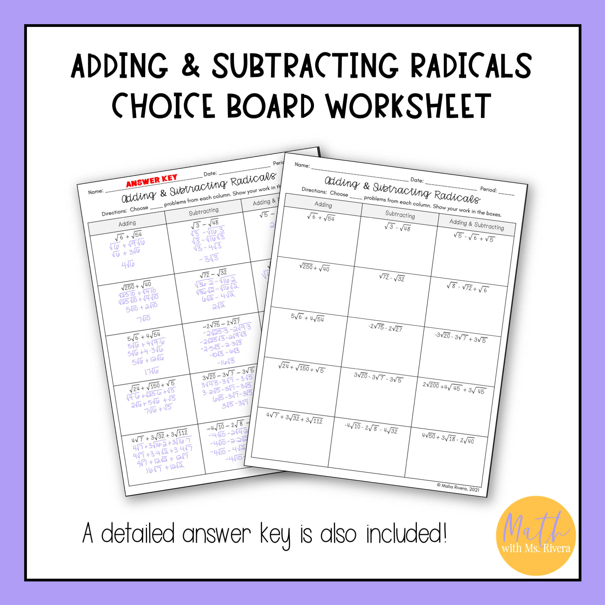 Adding And Subtracting Radical Expressions Worksheet Choice Board Algebra 1 Maila Rivera TPT For Beginners Secondary Math Resources