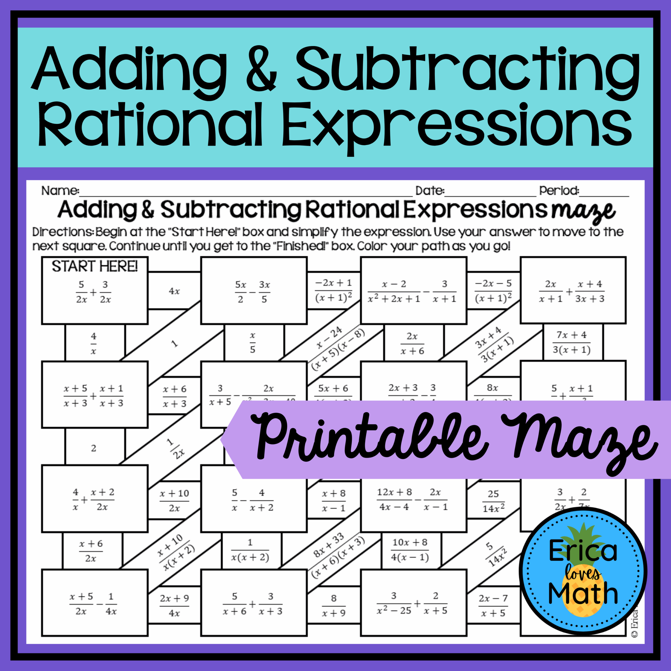 Adding U0026 Subtracting Rational Expressions Maze Worksheet Activity Made By Teachers