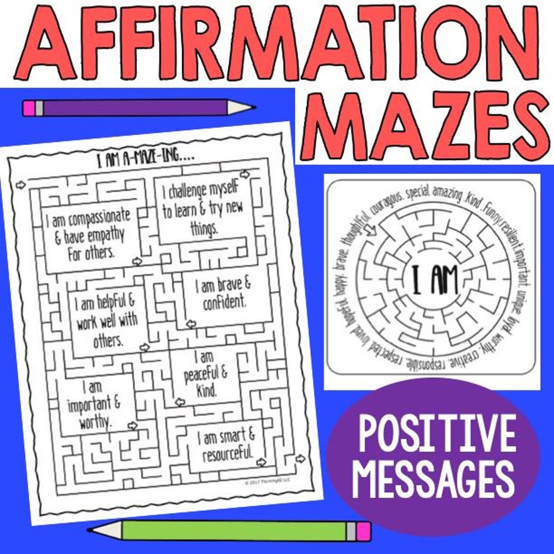 Affirmation Printable Mazes Positive Thinking And Mindfulness Activity Pack Maze Puzzles Calm Down Corner Homeschool Student Mazes Etsy
