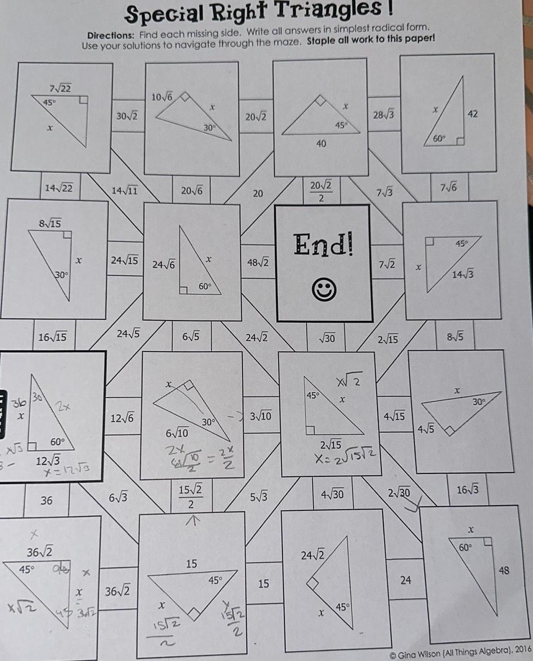 Special Right Triangles Maze Worksheet Version 1