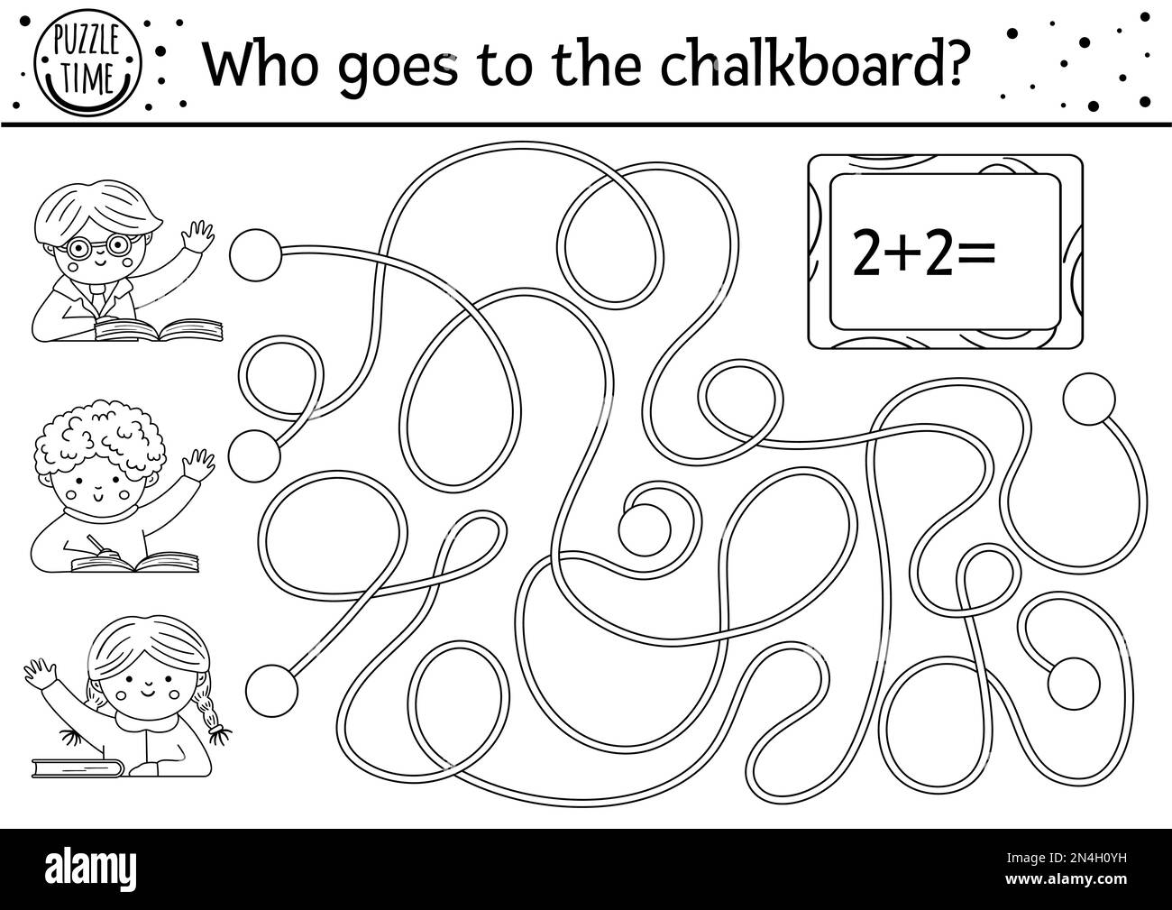 Back To School Black And White Maze For Children Line Labyrinth With Cute Schoolchildren Preschool Printable Activity Or Coloring Page Who Goes To Stock Vector Image U0026 Art Alamy