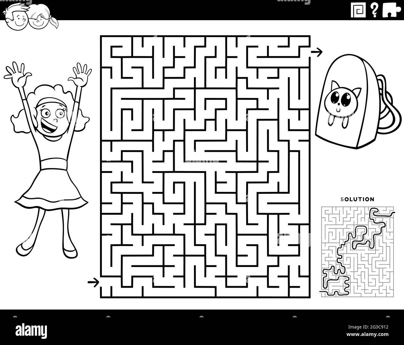 Black And White Cartoon Illustration Of Educational Maze Puzzle 