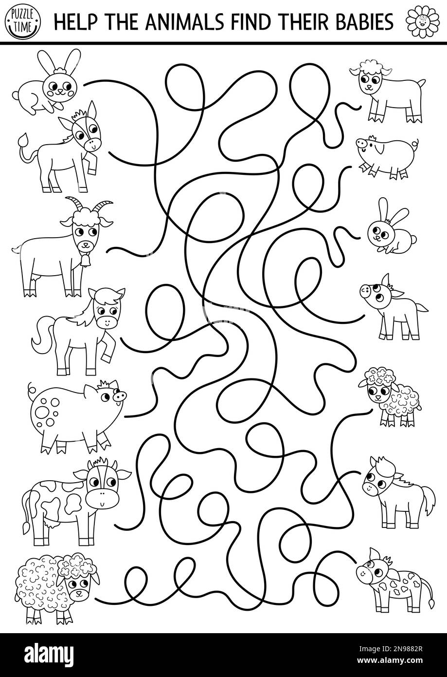 Black And White Farm Maze For Kids With Animals And Babies Country Side Line Preschool Printable Activity With Cute Goat Pig Cow Mothers Day Labyr Stock Vector Image U0026 Art Alamy