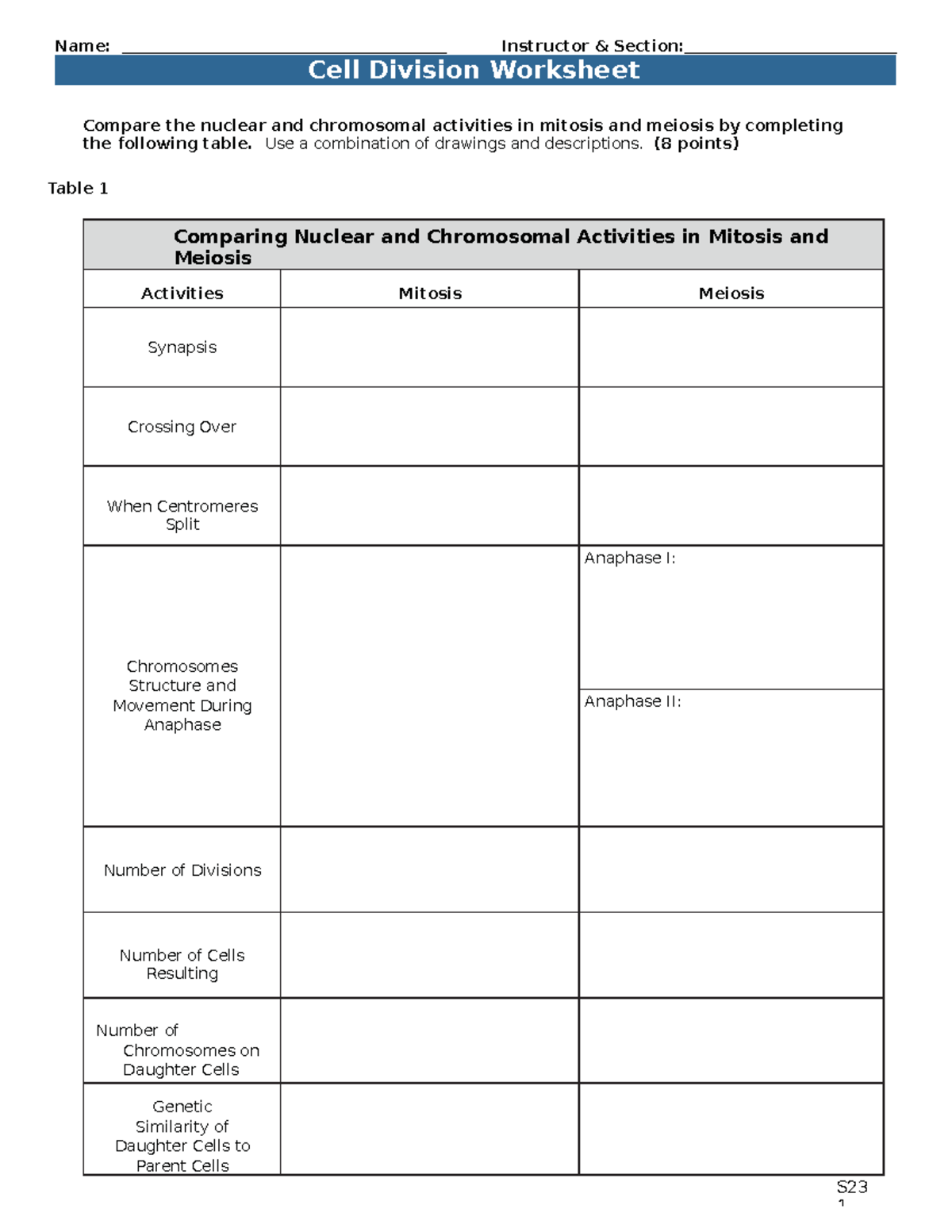 Cell Division Lab Worksheet Compare The Nuclear And Chromosomal Activities In Mitosis And Meiosis Studocu