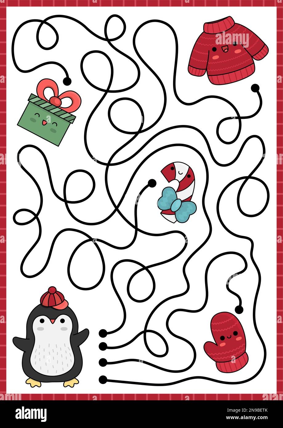Christmas Maze For Kids Winter Holiday Preschool Printable Activity With Cute Kawaii Penguin Sweater Mitten Present Candy Cane New Year Labyrint Stock Vector Image U0026 Art Alamy