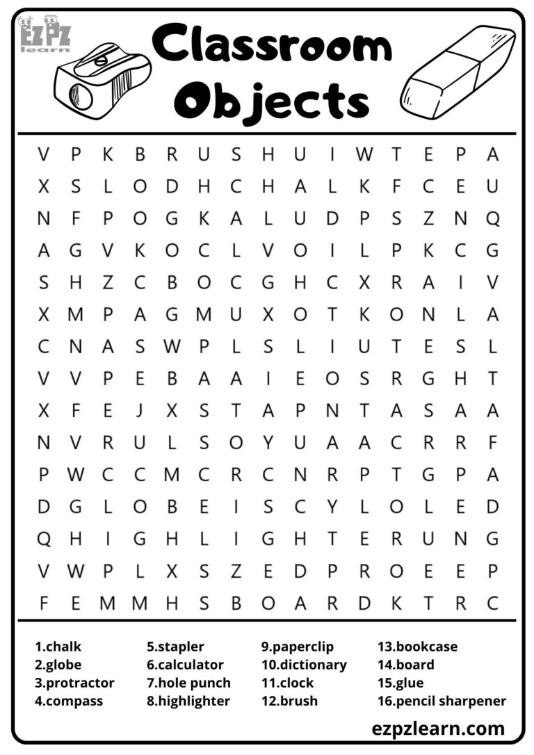 Classroom Objects Vocabulary Word Search For Kids And ESL 16 Words Free PDF Download Ezpzlearn