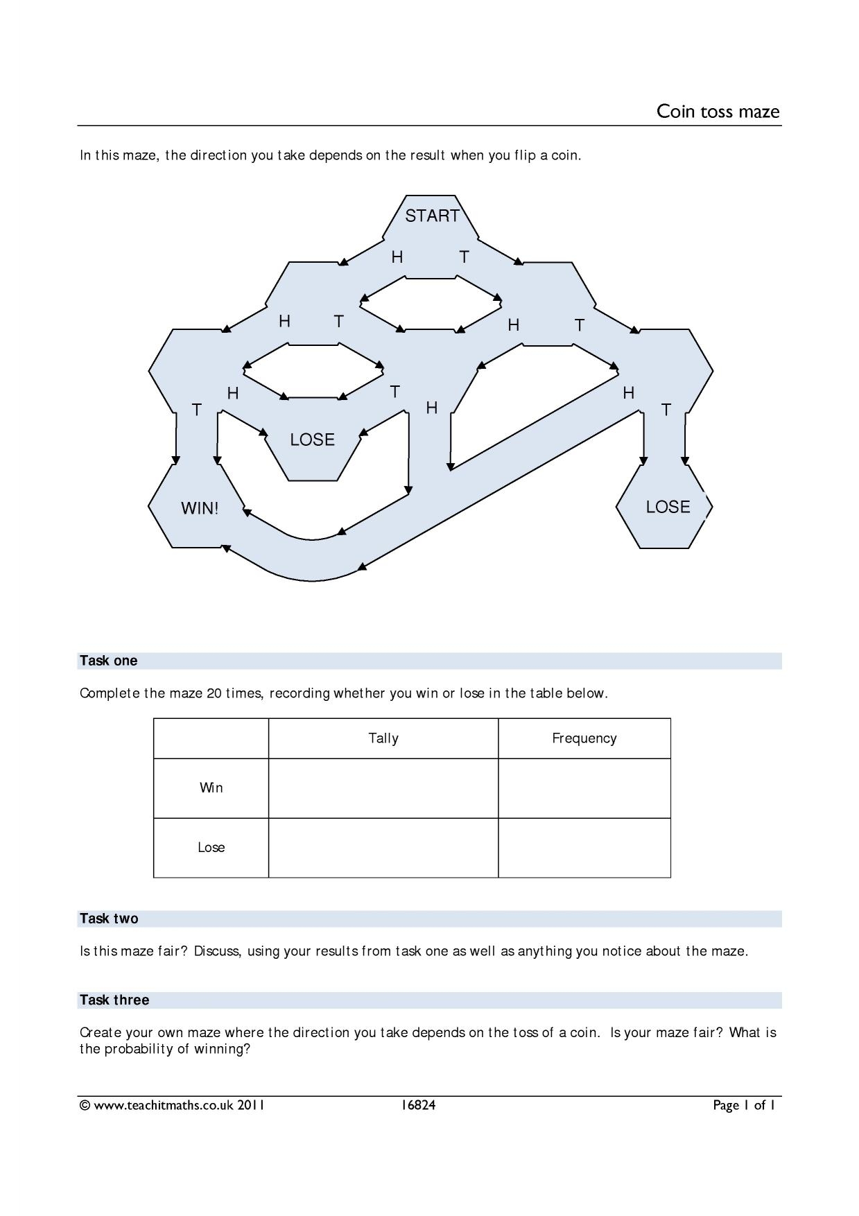 Coin Toss Worksheet KS3 4 Maths Teachit