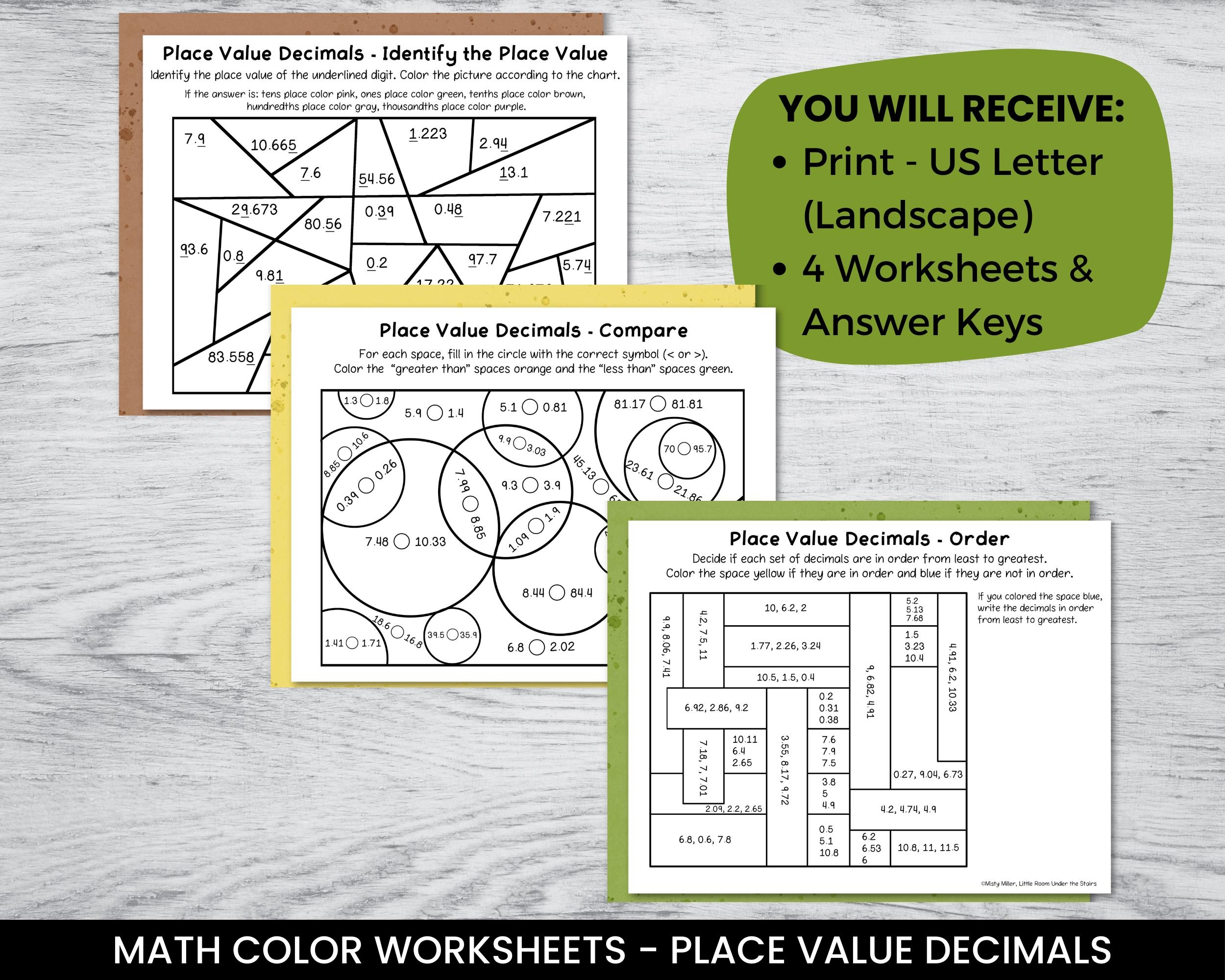 Color By Number Math Worksheets Decimal Place Value Practice 5th U0026 6th Grade Educational Coloring Sheets For Students Etsy