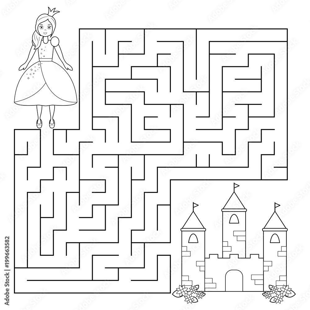 Coloring Page Book For Children Maze Game Help The Princess Find Right Way To The Castle Vector Illustration Stock Vector Adobe Stock