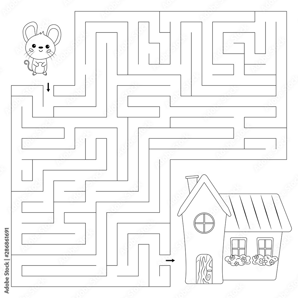 Coloring Page For Kids Maze Game Help The Mouse Find Right Way To The House Cute Kawaii Character Outline Illustration Educational Worksheet Stock Vector Adobe Stock