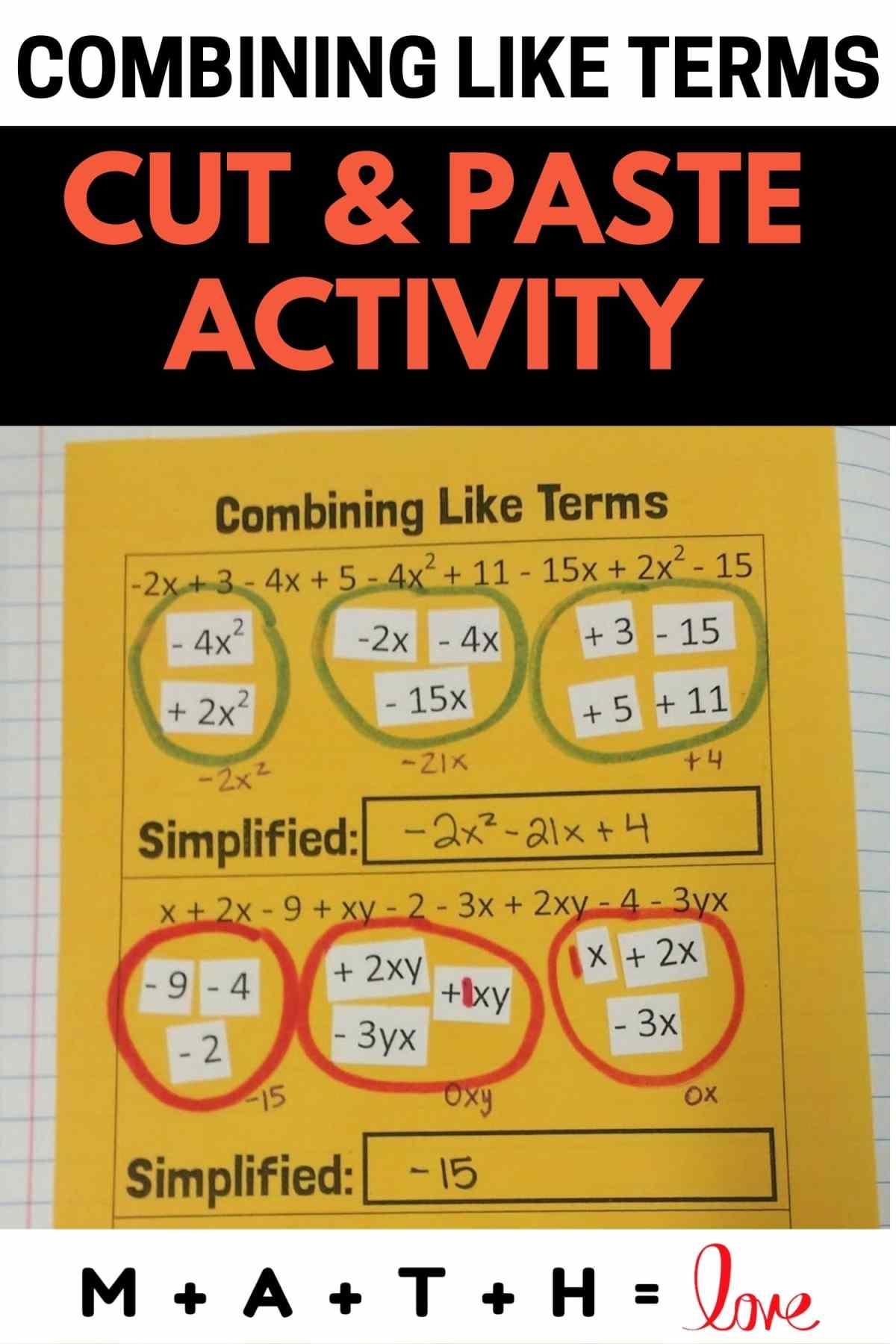 Combining Like Terms Cut And Paste Activity Math U003d Love