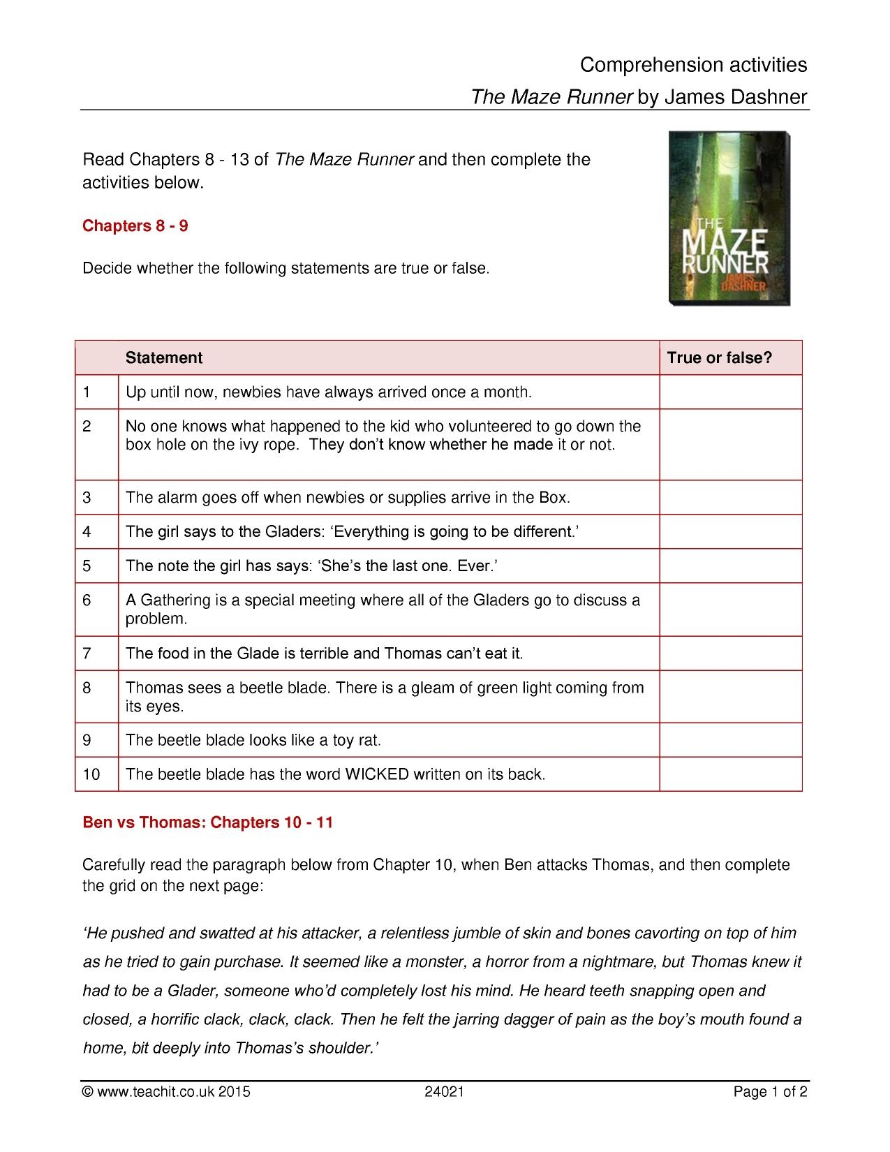 Comprehension Activities For Chapters 8 13 The Maze Runner KS3 English Teachit