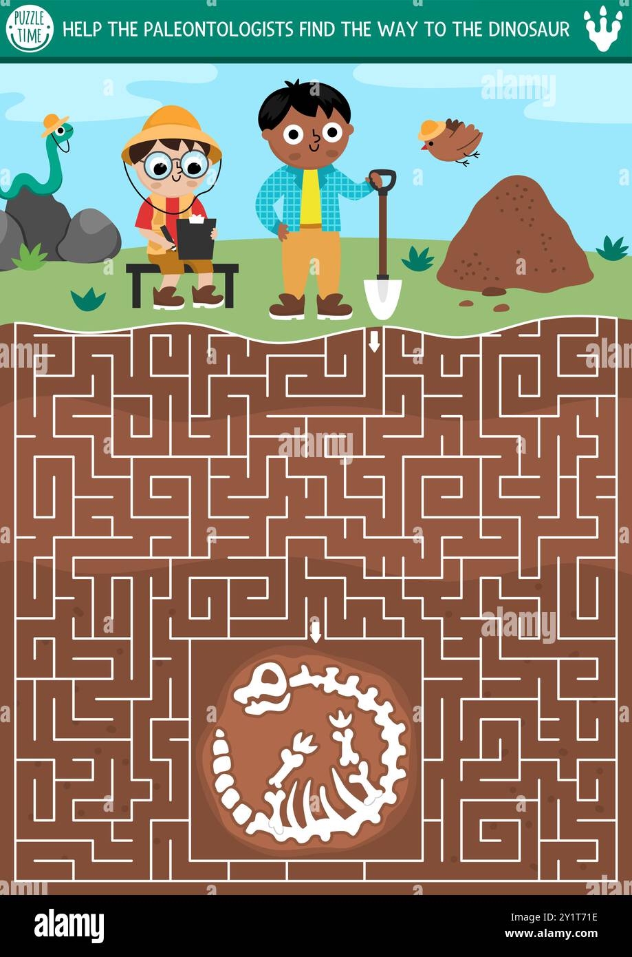 Dinosaur Maze For Kids With Cute Paleontologists Prehistoric Preschool Printable Activity With Boys On A Dig Dino Land Geometric Labyrinth Game With Stock Vector Image U0026 Art Alamy