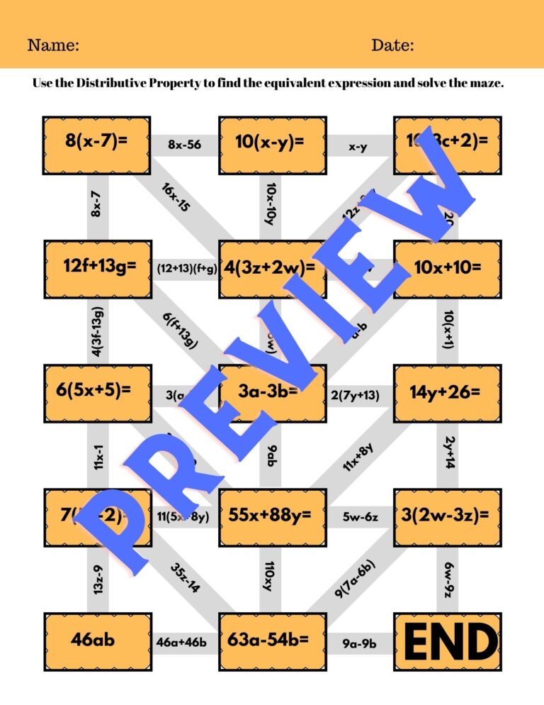 DISTRIBUTIVE PROPERTIES OF EXPRESSIONS Maze Puzzle Middle