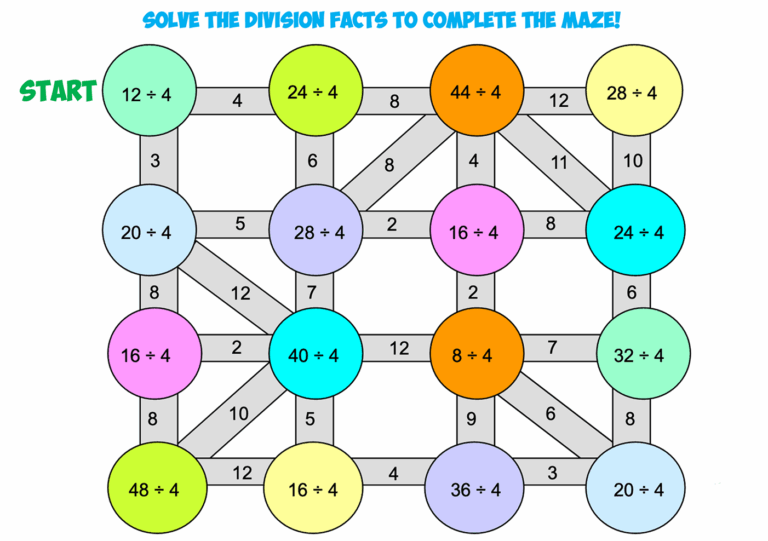 Division Facts Maze Divisor 4 Mr R s World Of Math