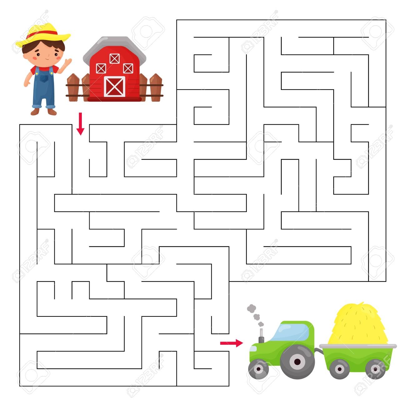 Educational Maze Game For Children Help The Farmer Find Right Way To The Tractor Royalty Free SVG Cliparts Vectors And Stock Illustration Image 139161053 