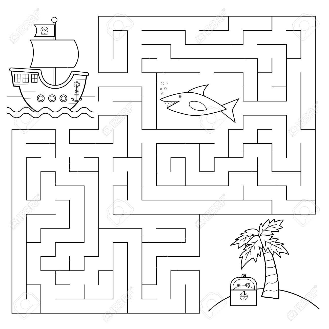 Educational Maze Game For Children Help The Pirates Of The Ship Find The Right Way To The Island With Treasure Chest Beware Of Shark Coloring Page Vector Illustration Royalty Free SVG Cliparts 