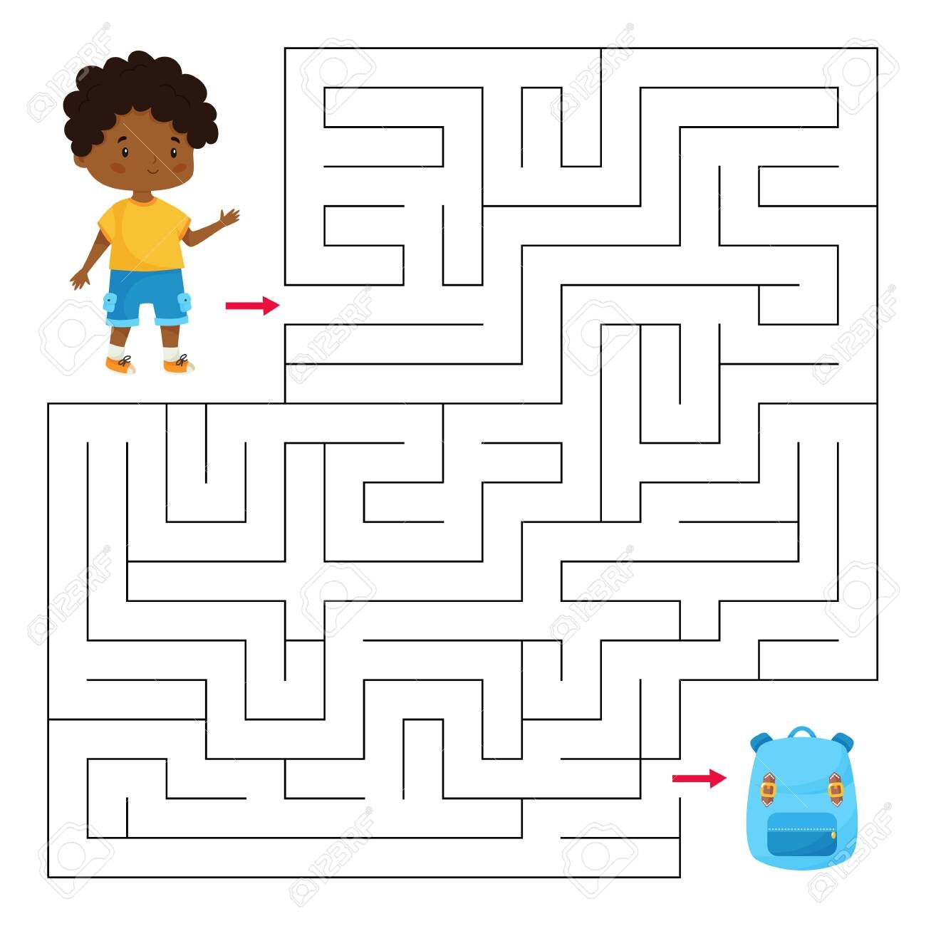 Educational Maze Game For Preschool And School Children Help The Boy Find Right Way To His School Bag Cute Cartoon Vector Character Activity Worksheet Back To School Royalty Free SVG Cliparts Vectors 
