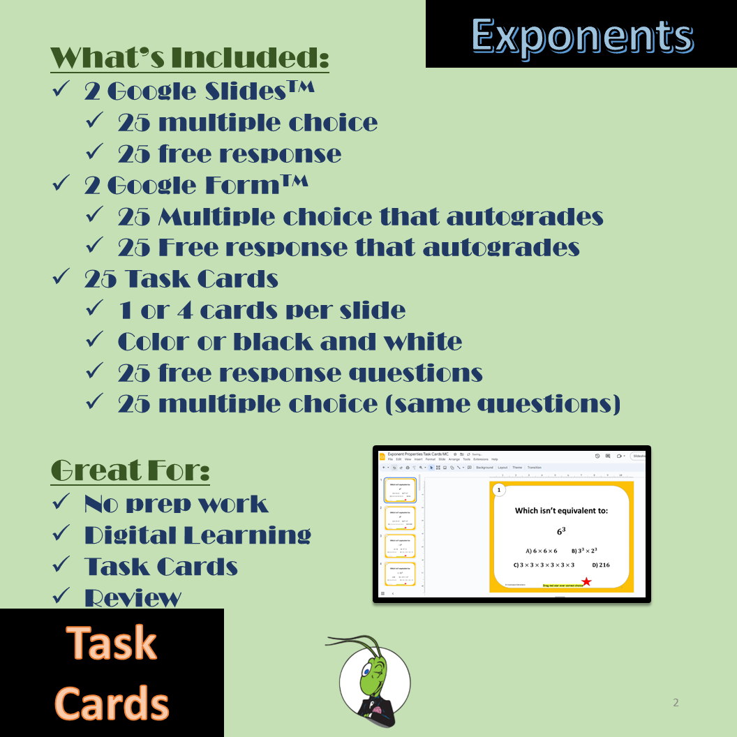 Exponent Rules Algebra 1 Task Cards Google Forms And Slides Made By Teachers