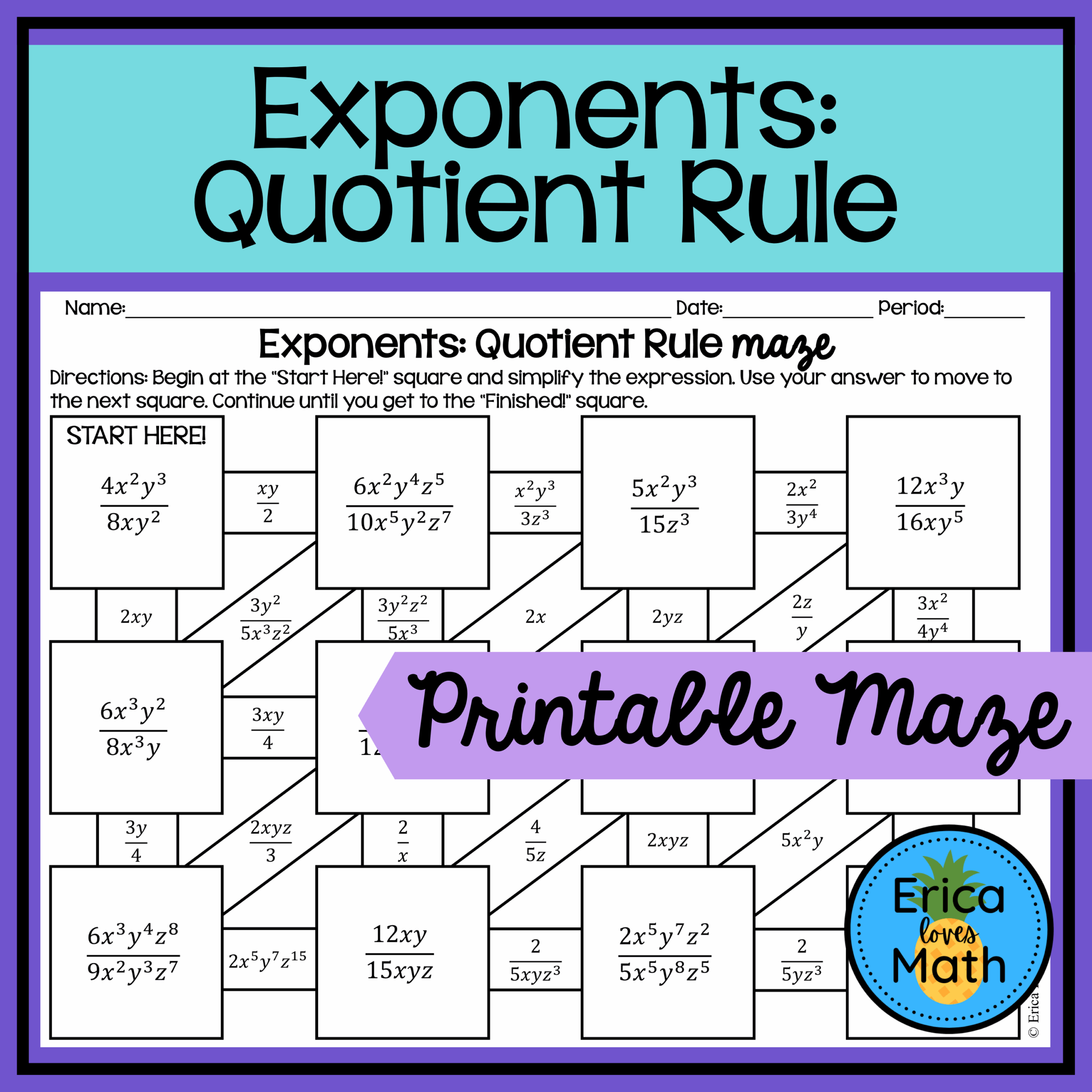 Exponents Quotient Rule Activity Maze Made By Teachers