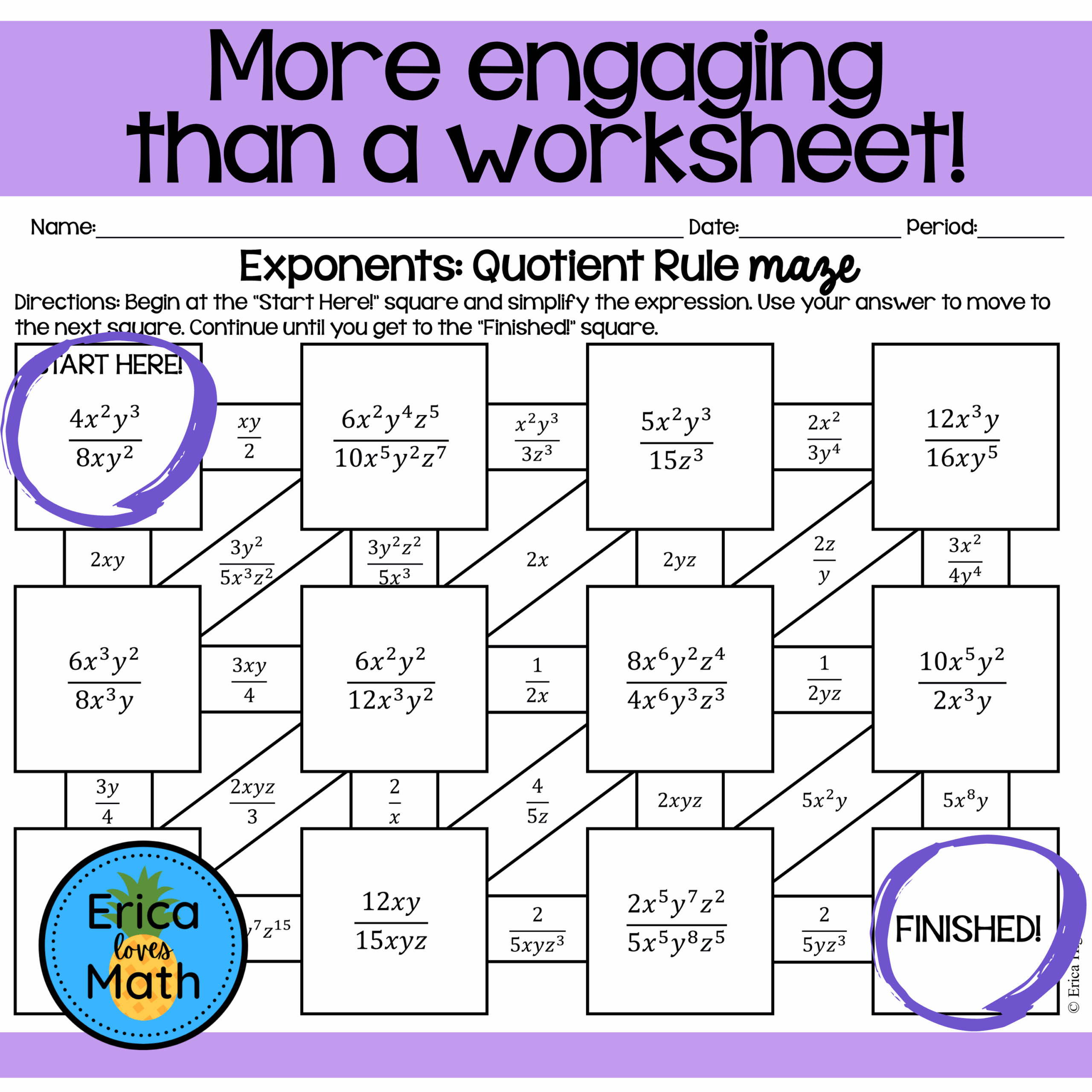 Exponents Quotient Rule Activity Maze Made By Teachers