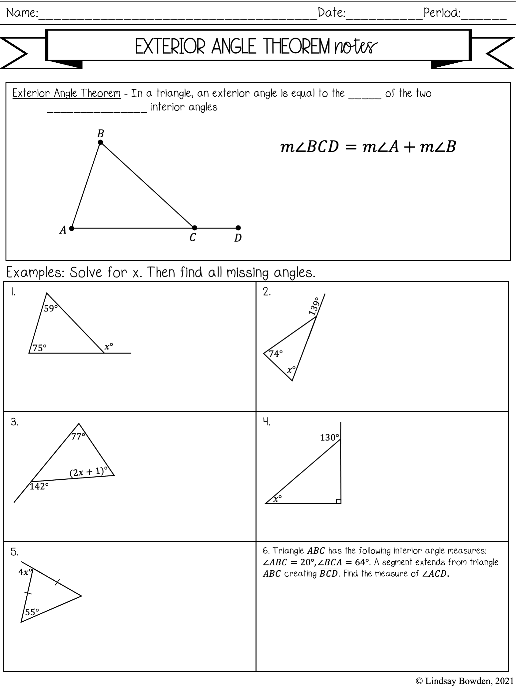 Exterior Angle Theorem Notes U0026 Worksheets Lindsay Bowden 