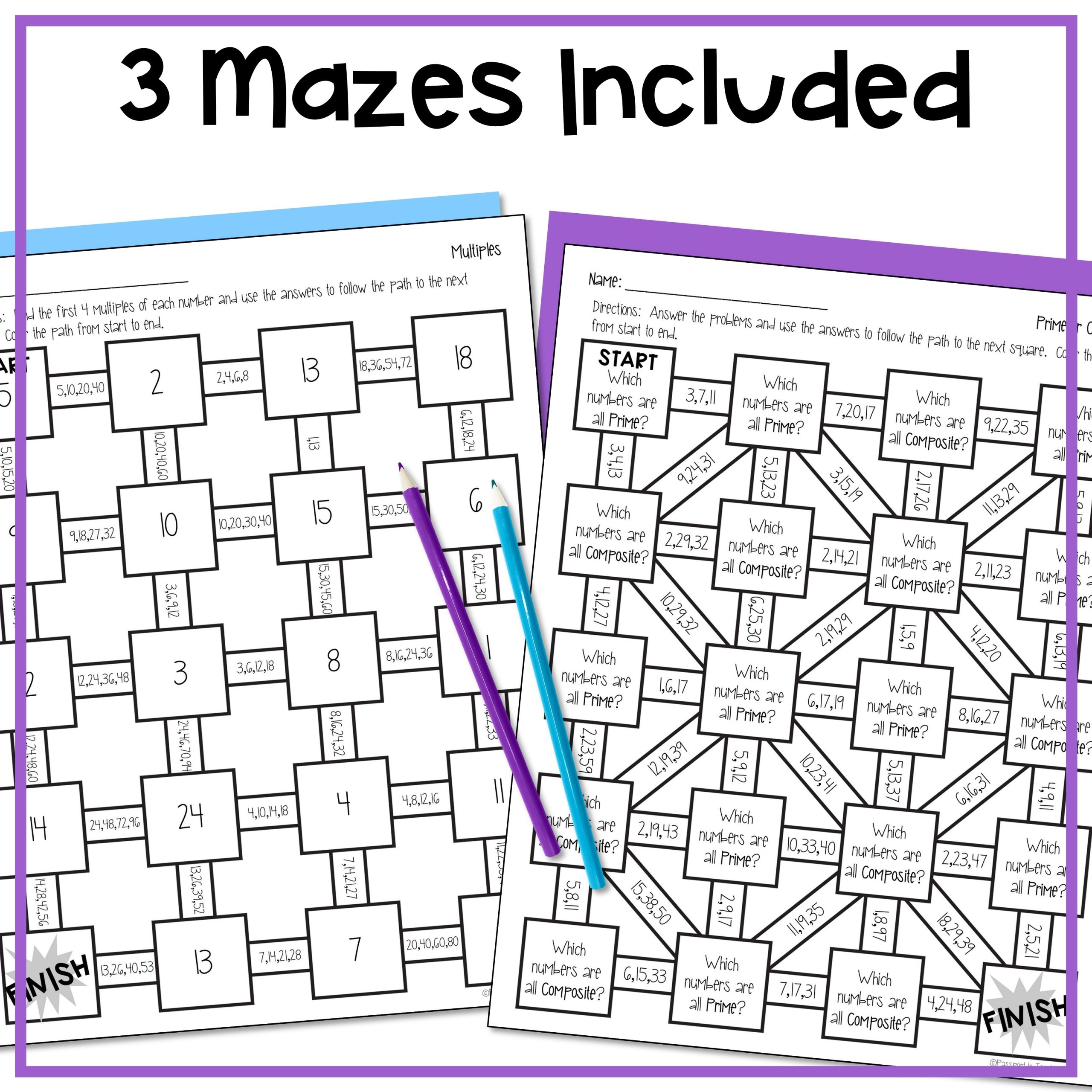 Factors Multiples And Prime And Composite Math Maze Worksheets 