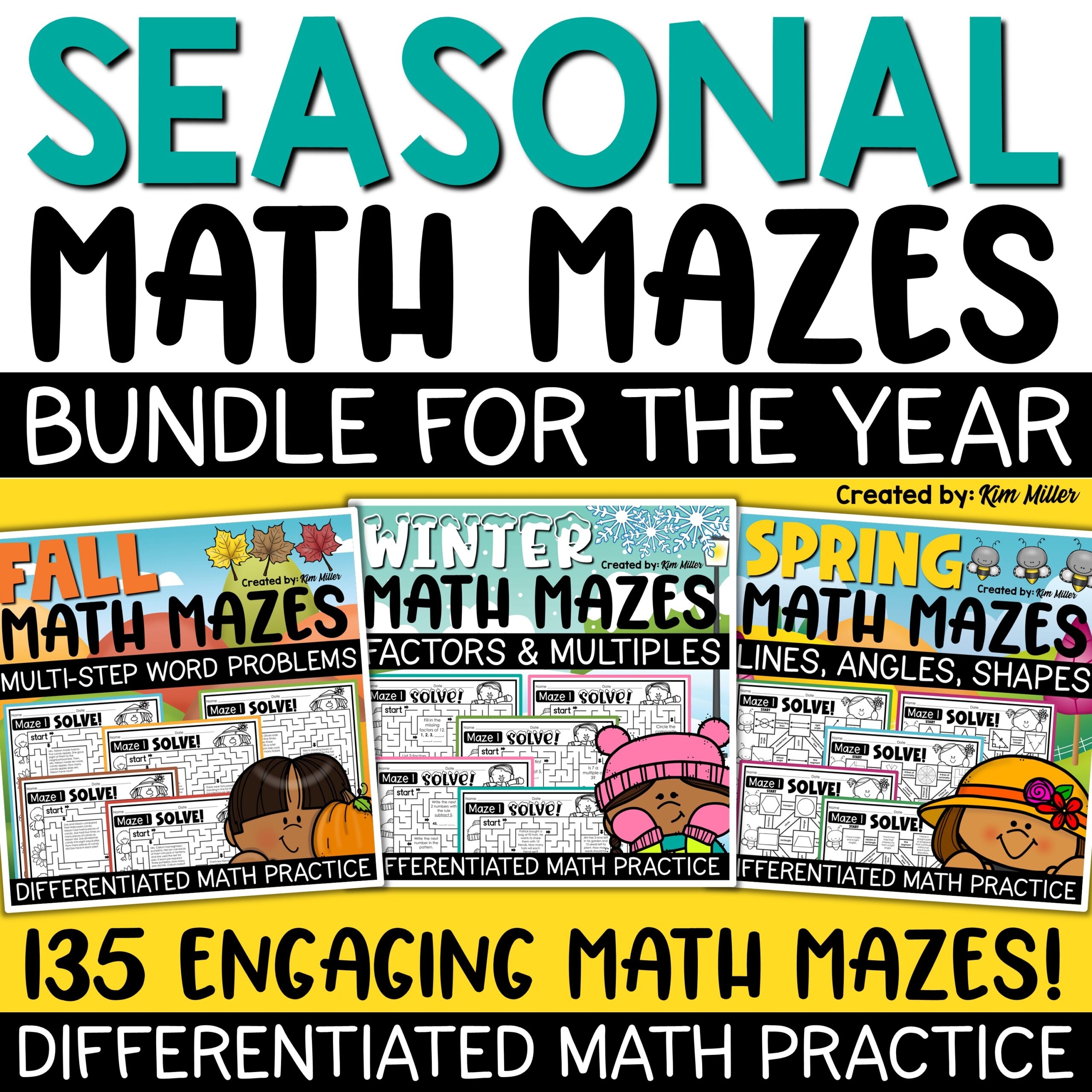 Fall Winter Spring Math Mazes Worksheets Word Problems 3rd 4th 5th 