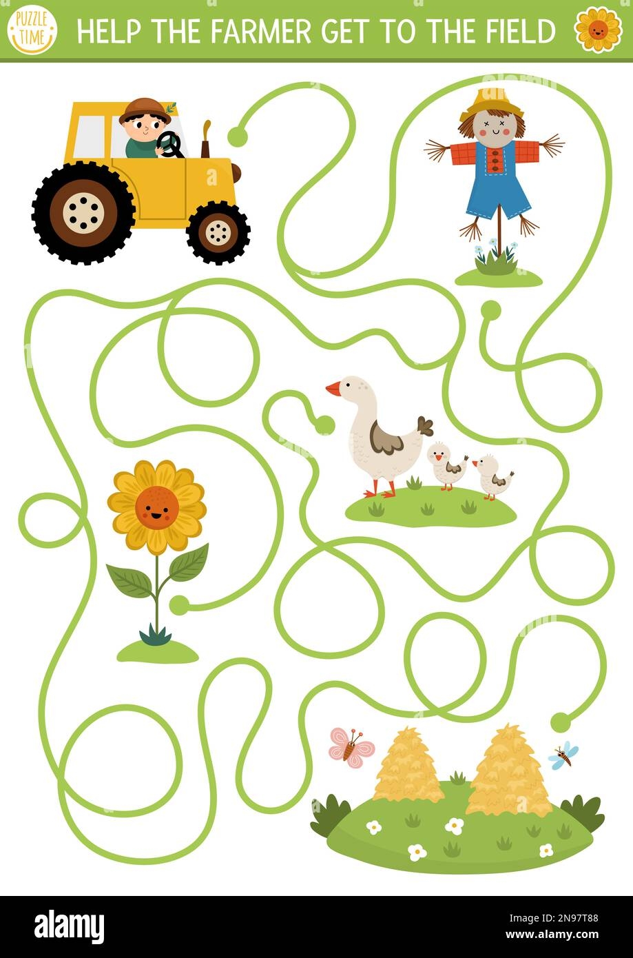 Farm Maze For Kids With Cute Tractor Scarecrow Sunflower Hay Stacks Country Side Preschool Printable Activity Spring Or Summer Labyrinth Game Pu Stock Vector Image U0026 Art Alamy