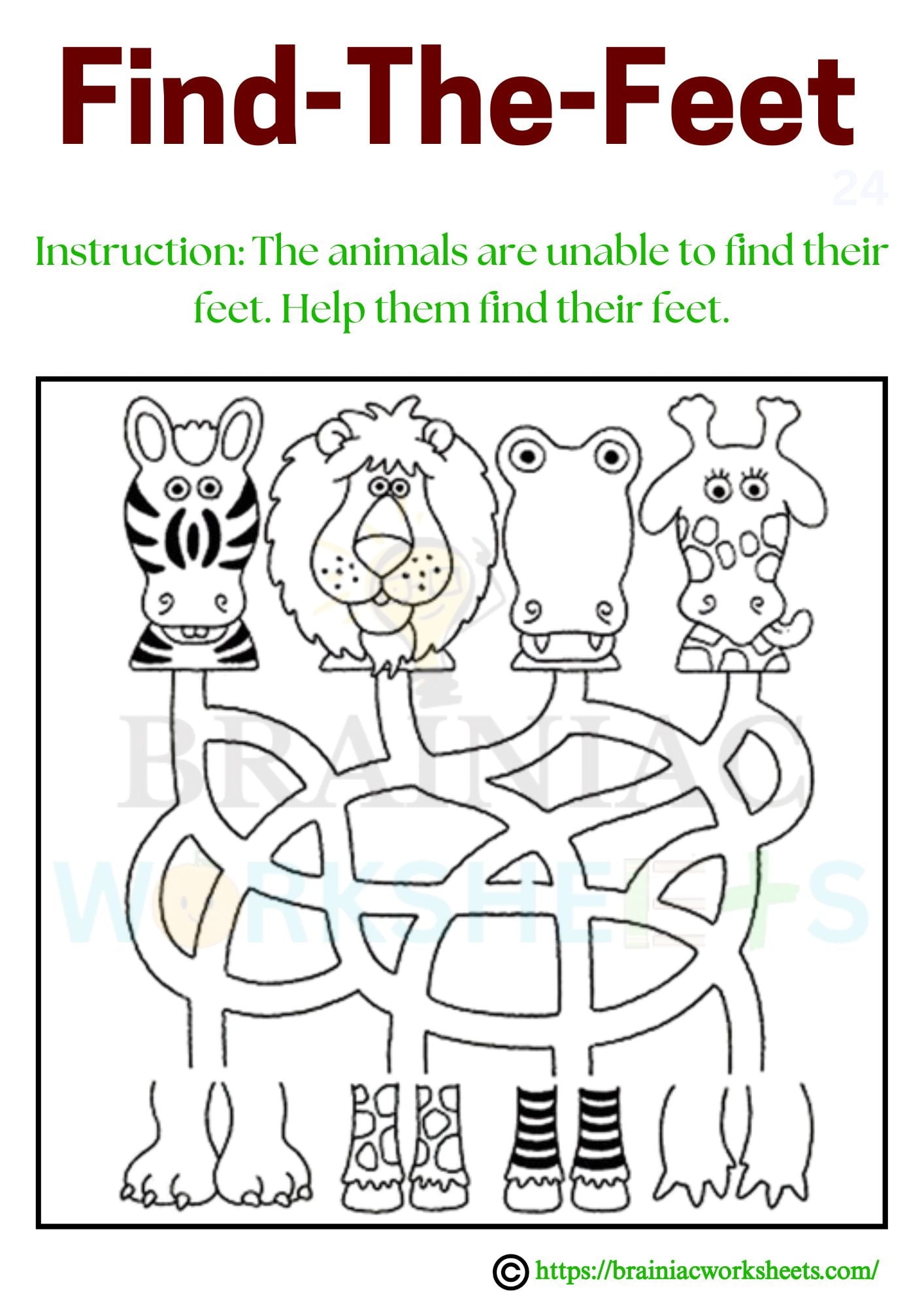 Find The Animal Feet Maze Worksheet For Class 2 Brainiac Worksheets