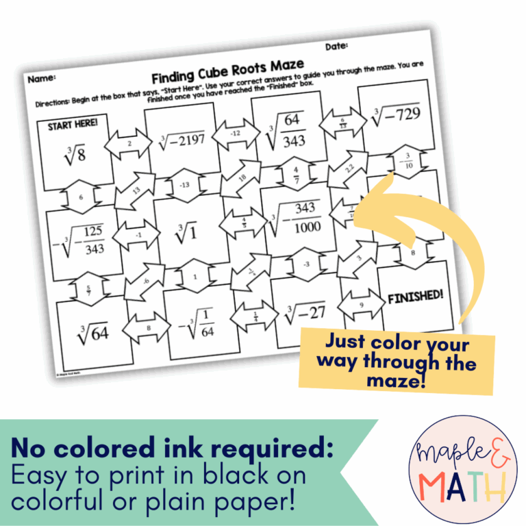 Finding Cube Roots Printable Maze Activity Worksheet 8th Grade No Prep Classful