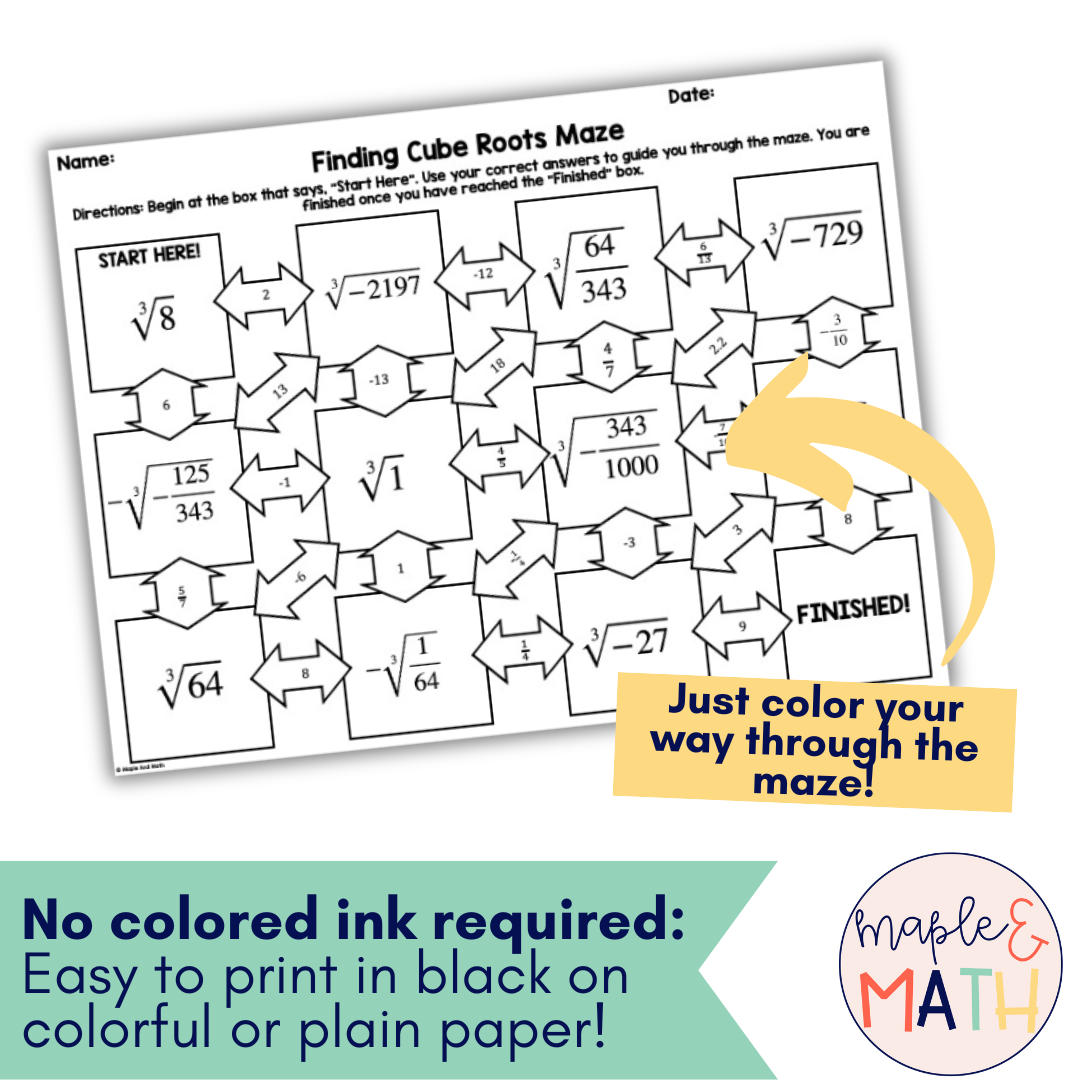 Finding Cube Roots Printable Maze Activity Worksheet 8th Grade No Prep Classful