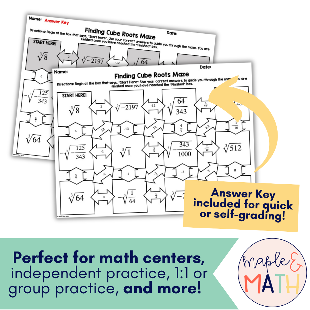 Finding Cube Roots Printable Maze Activity Worksheet 8th Grade No Prep Classful