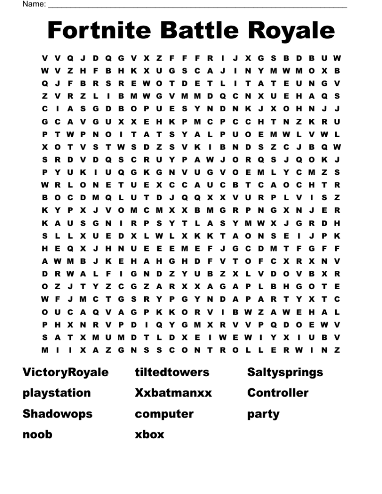 Fortnite Battle Royale Word Search WordMint
