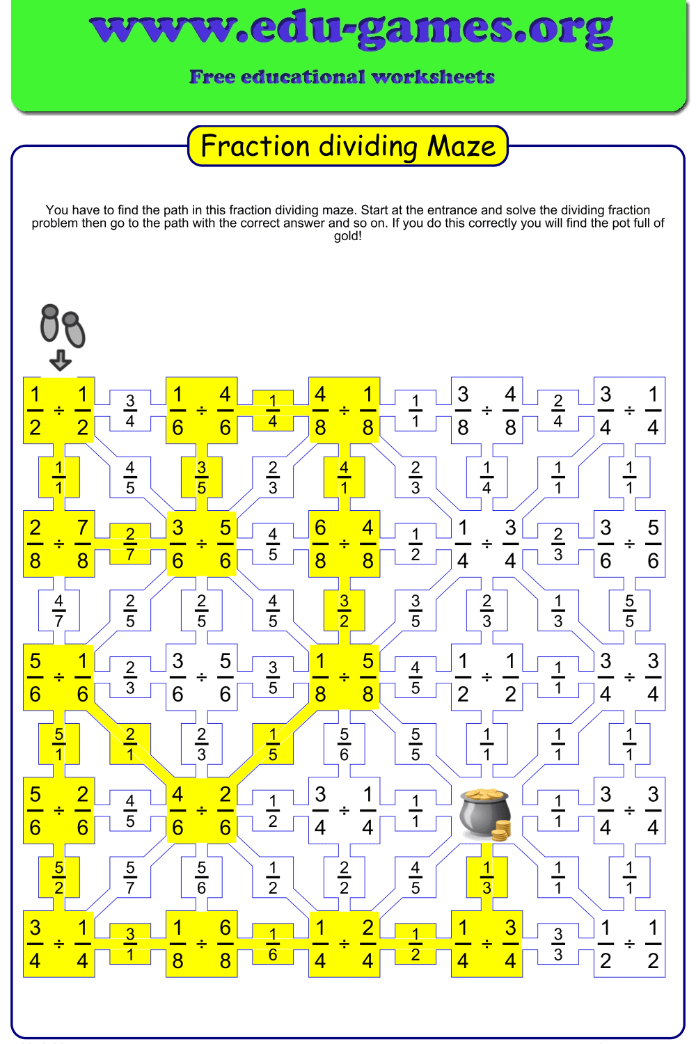 Fraction Dividing Maze Worksheet Maker With Like And Unlike Denominators 