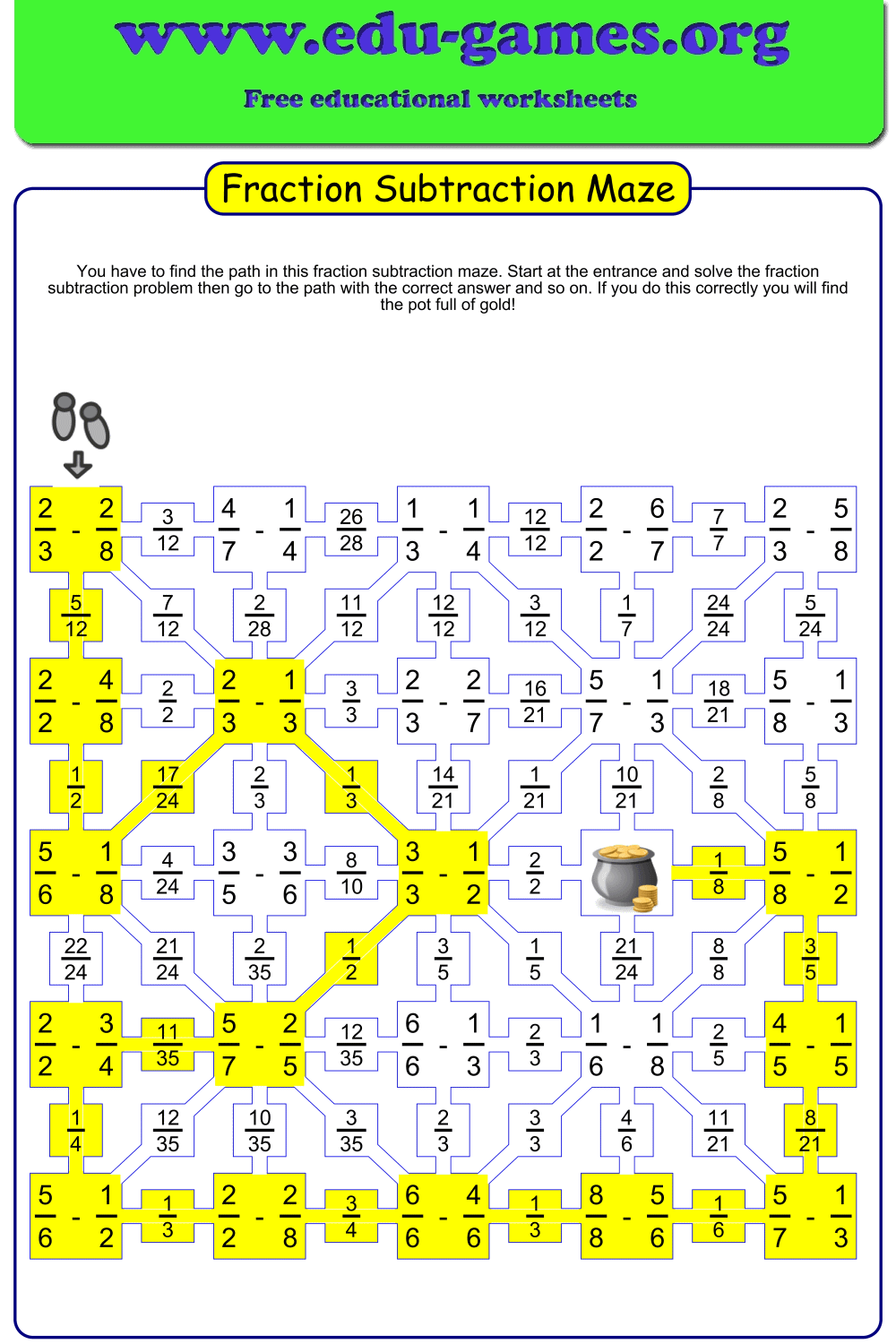 Fraction Subtraction Maze Worksheet Maker With Like And Unlike Denominators 