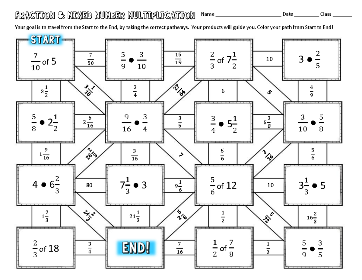 Fractionand Mixed Number Multiplication Math Maze 1 Fraction 