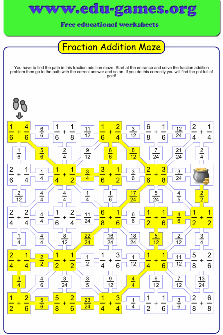 Fractions Addition Maze Worksheet