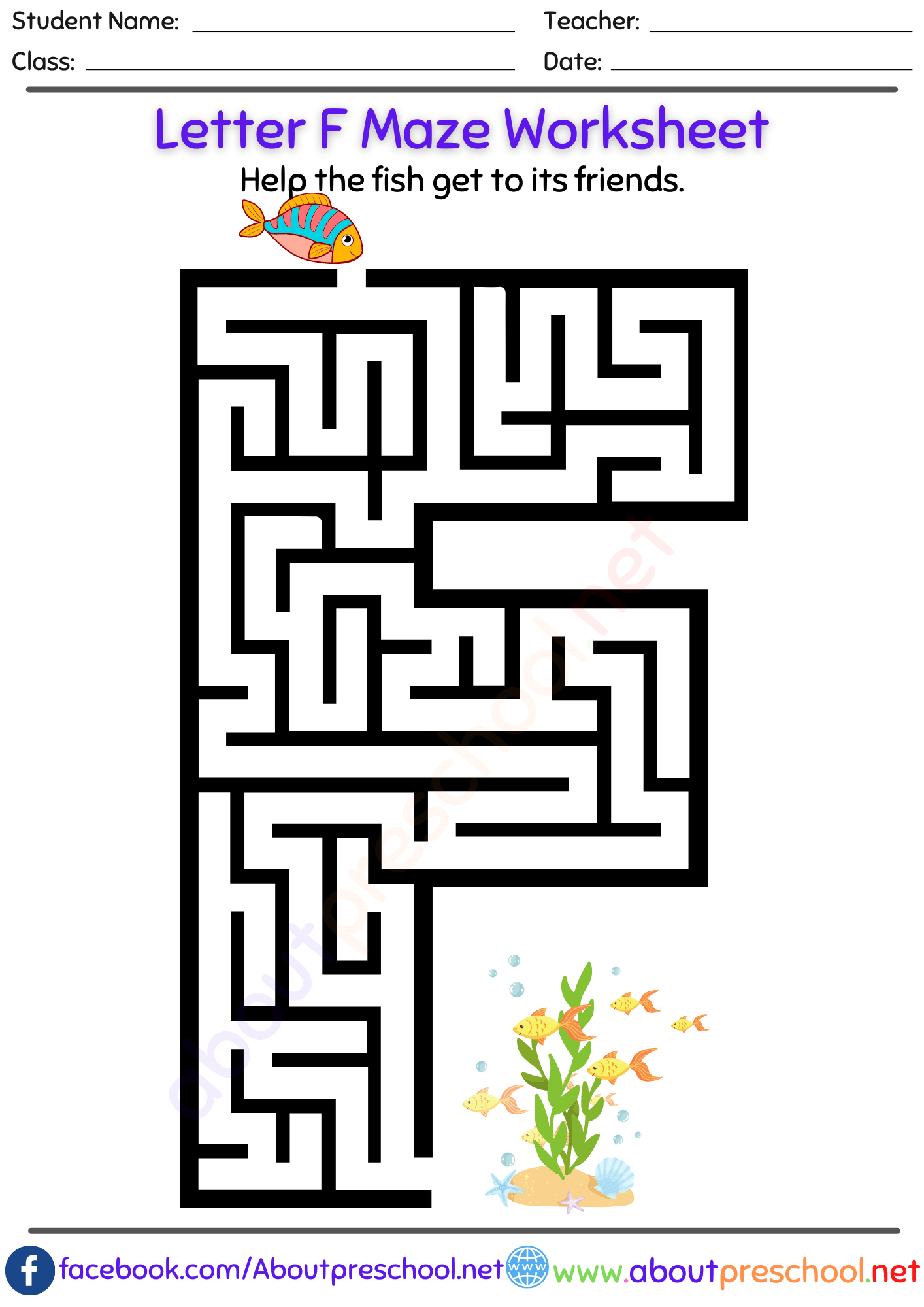 Free Letter F Maze Worksheet About Preschool