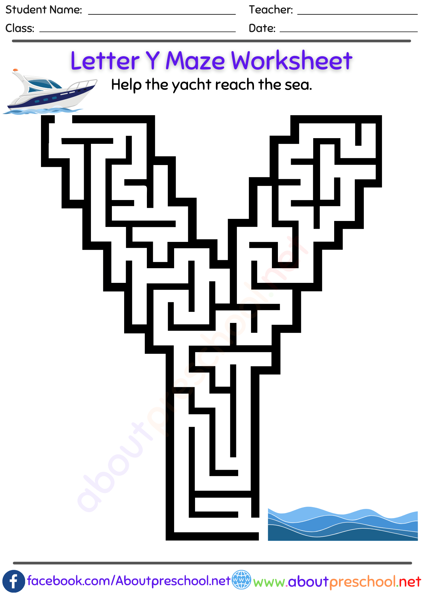 Free Letter Y Maze Worksheet About Preschool