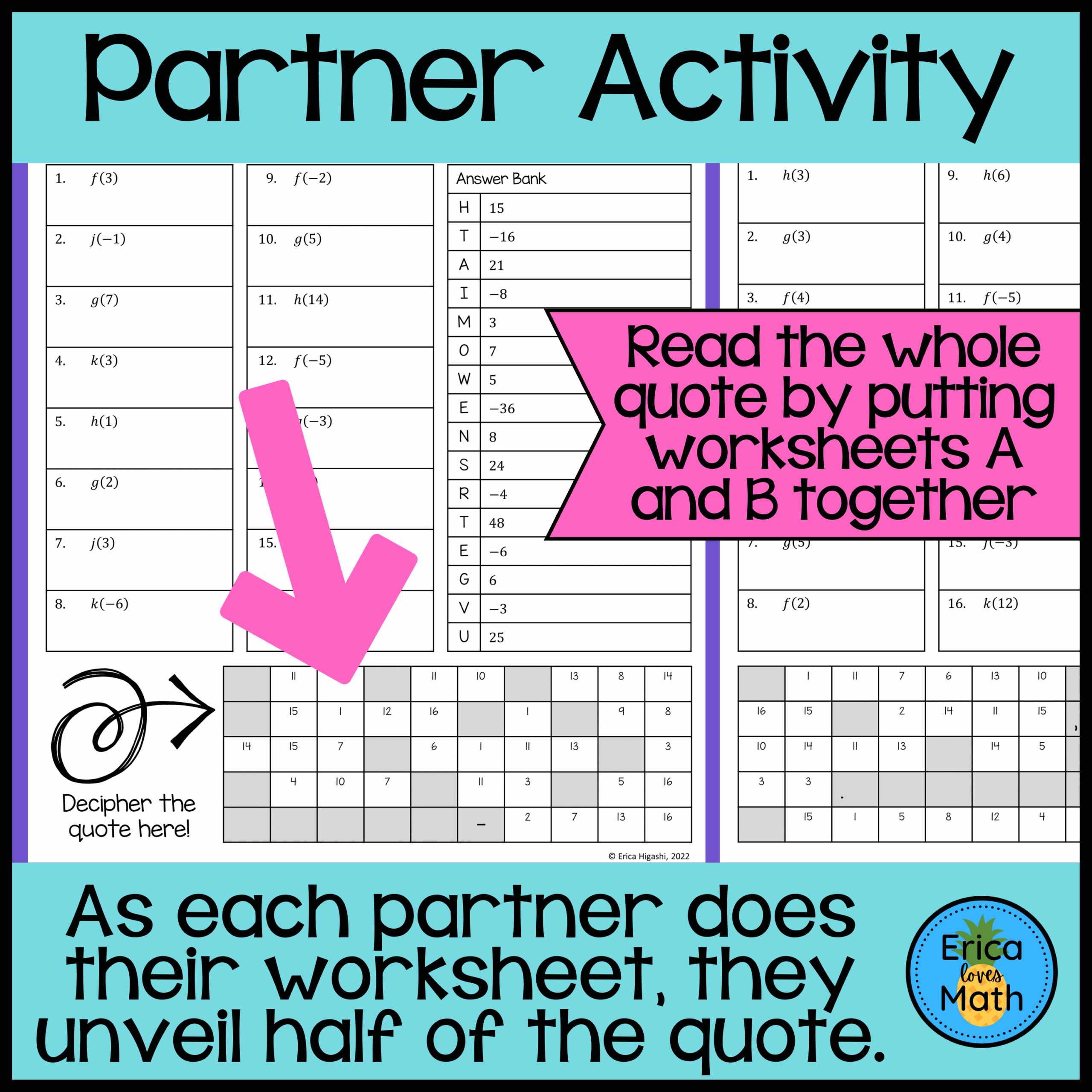 Function Notation Differentiated Partner Worksheets Quotable 